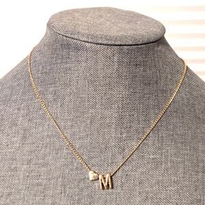 Trendy Rich Gold Tone "M" Initial Heart Bead Minimalist Charm Chain Necklace